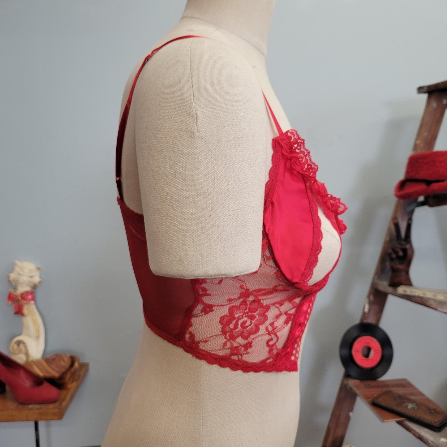 vtg 70s RED SATIN BRA // vintage sexy mesh lingerie exposed breast sheer red lace lace up risque burlesque vampy low cut fun retro push up