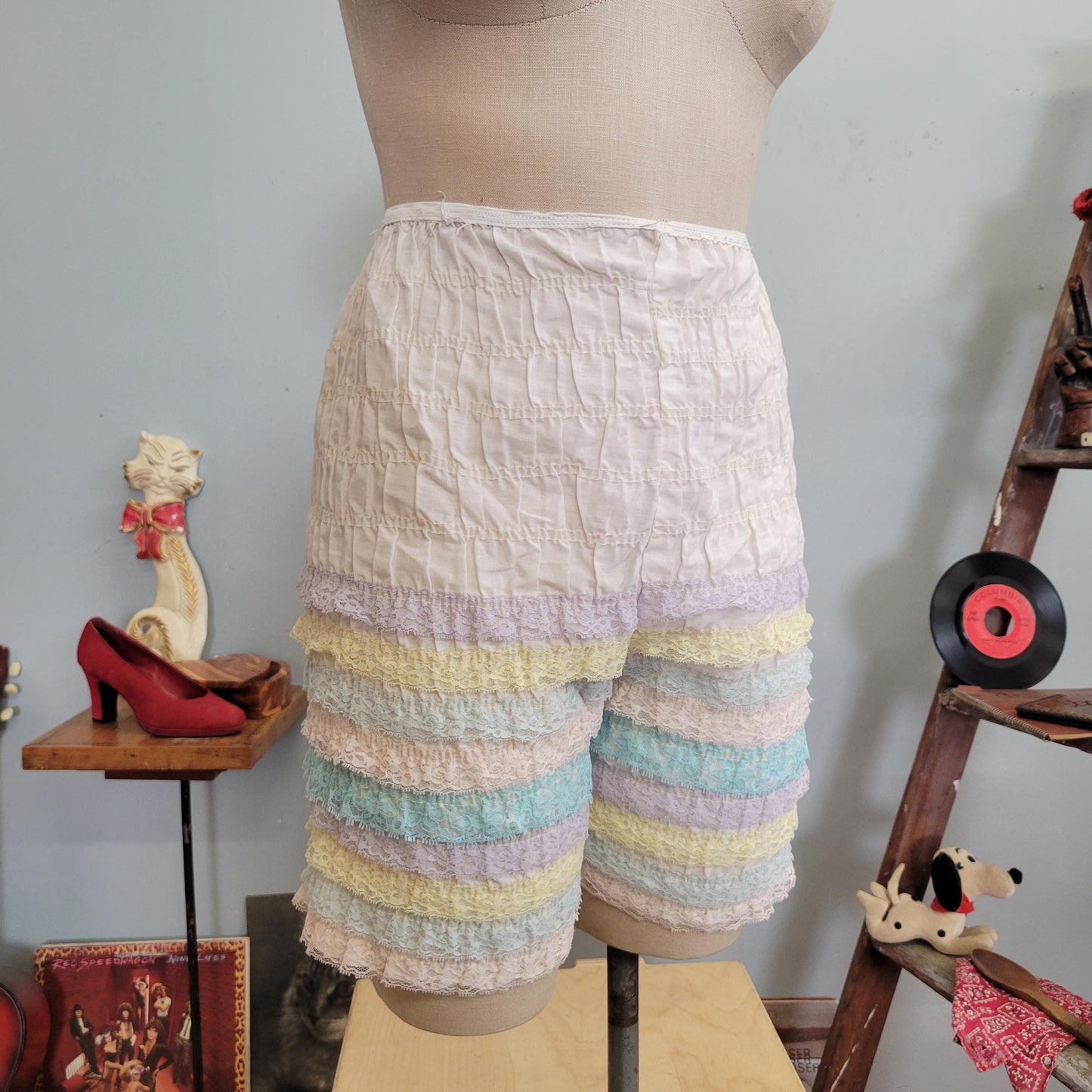 vtg 70s PASTEL RUFFLE BLOOMERS // vintage lingerie shorts partners please medium womens square dancing shorts retro long leg rainbow fairy
