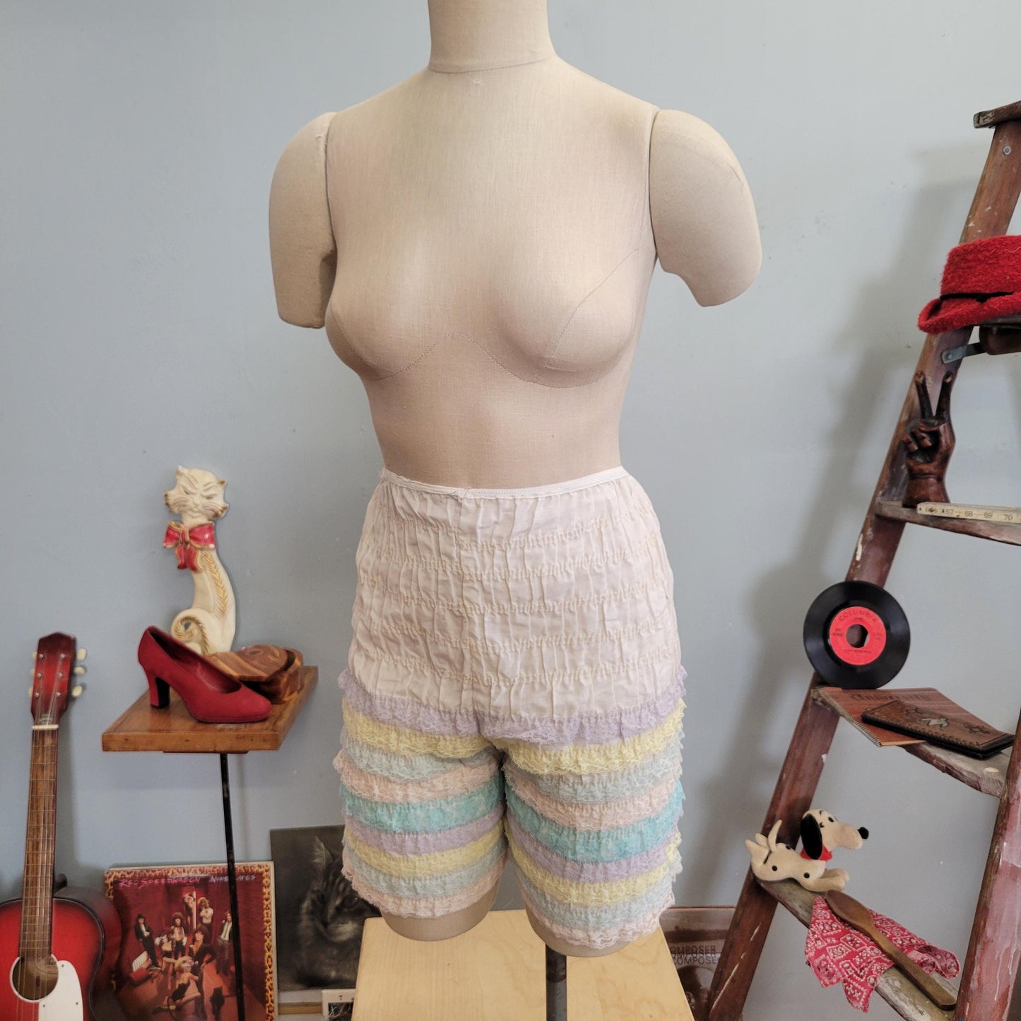 vtg 70s PASTEL RUFFLE BLOOMERS // vintage lingerie shorts partners please medium womens square dancing shorts retro long leg rainbow fairy