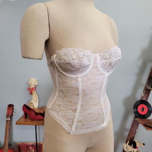 vtg 70s WHITE LACE TEDDY // vintage boned bustier corset bra 32B union lingerie dolores for poirette figure forming push up strapless sexy