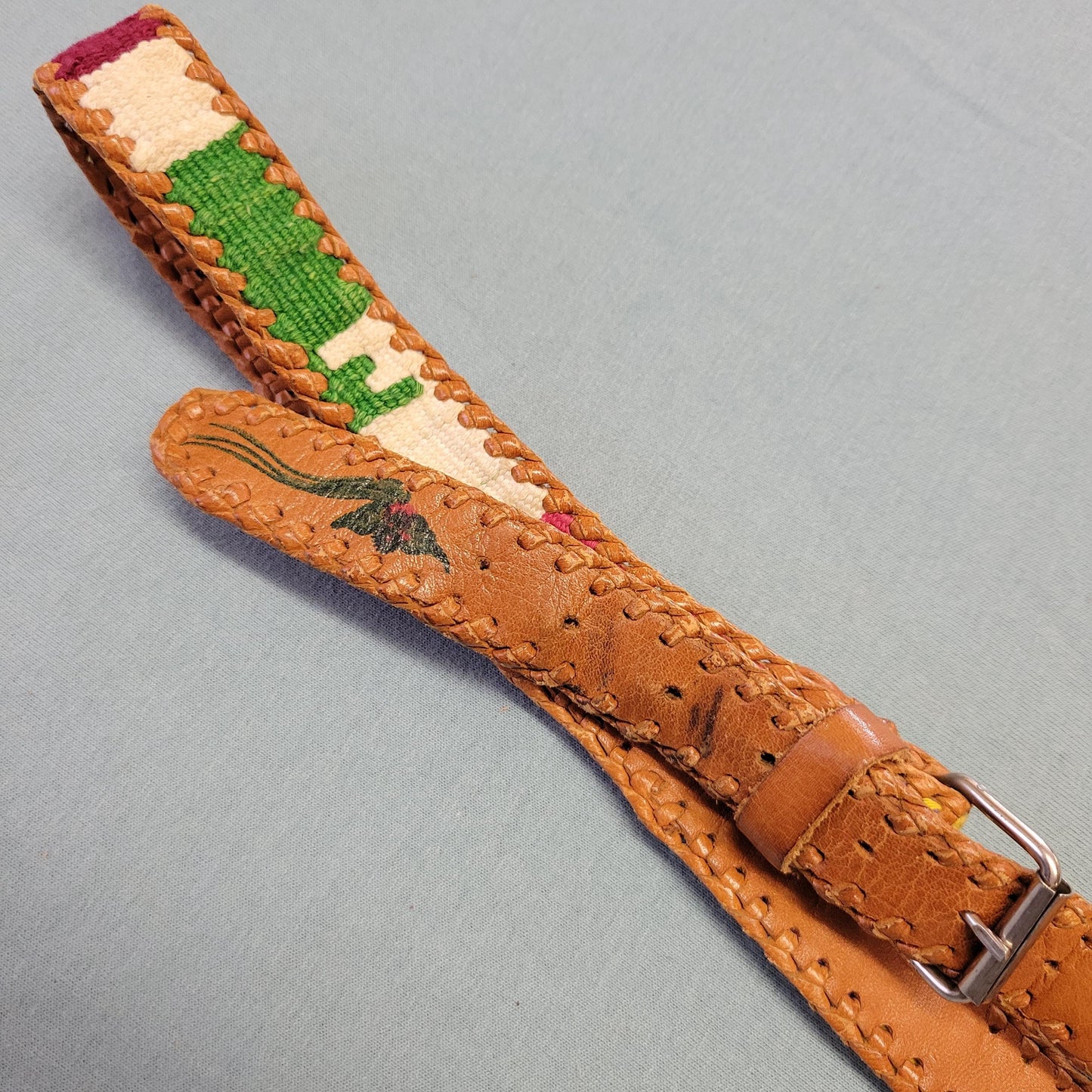 vtg 70s LEATHER EMBROIDERED BELT // vintage pastel patchwork small medium womens retro accessories hippie boho western autumn style cottage