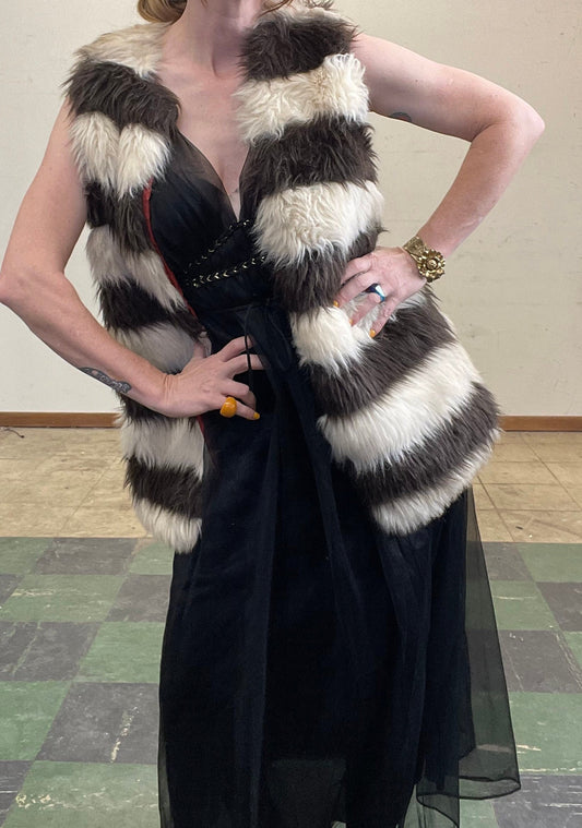 vtg 70s FAUX FUR STRIPED Vest // vintage shaggy zebra striped happy legs womens large fur coat autumn winter festive statement glam fashion