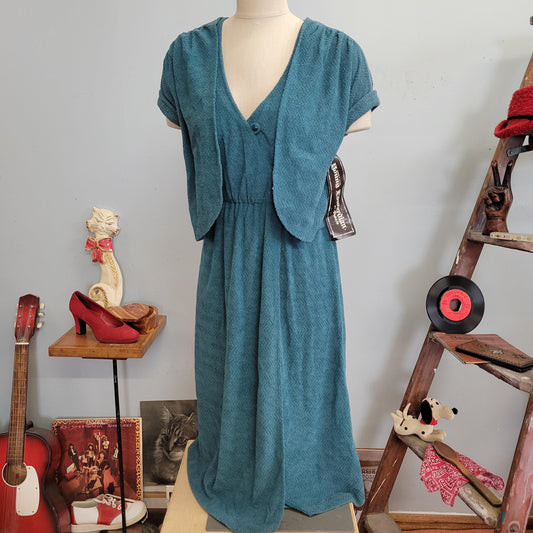 vtg 70s NWT YOUNG EDWARDIAN Dress // vintage 2 piece tank dress & bolero arpeja new with tags size 9 medium teal textured jewel tones retro