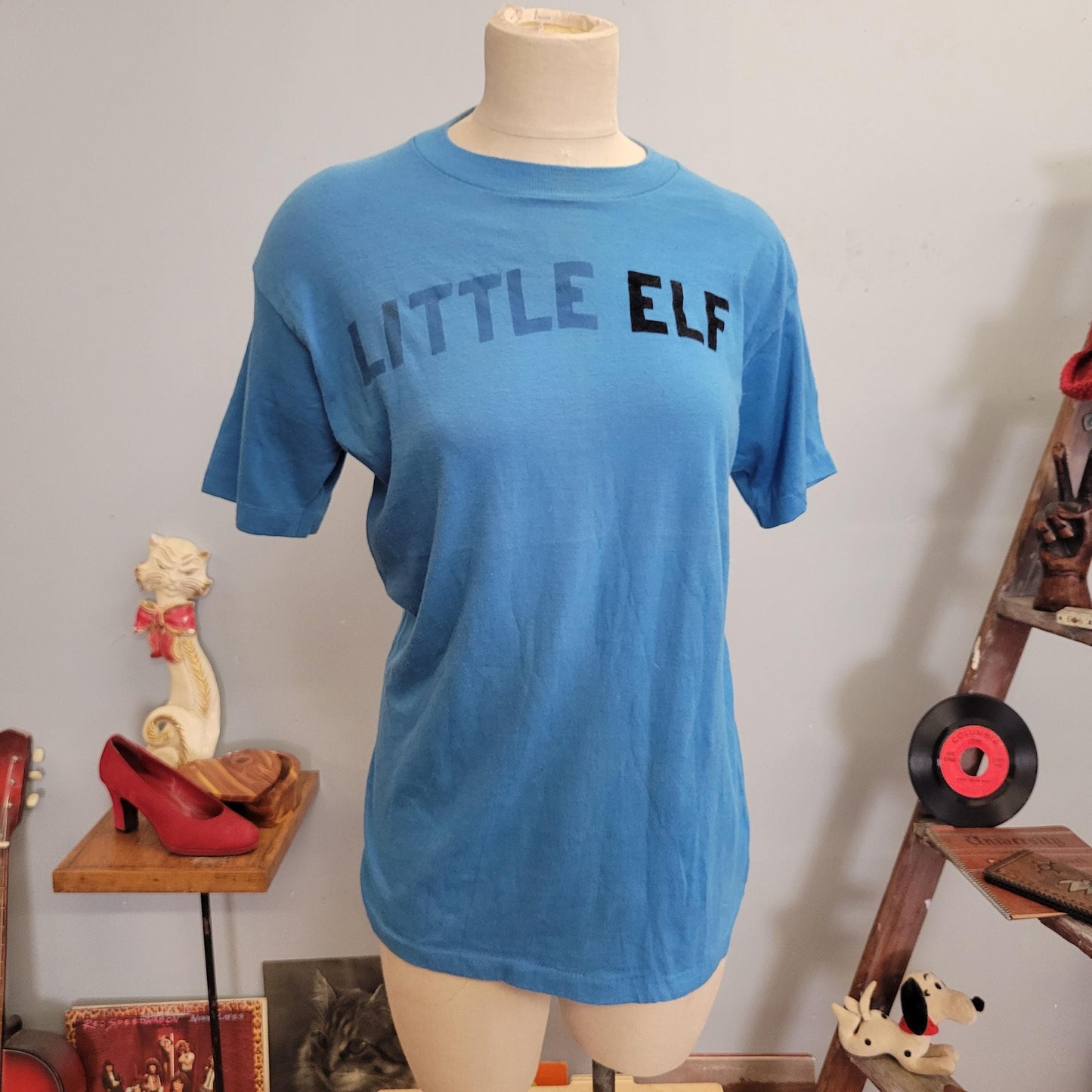 vtg 70s LITTLE ELF T-SHIRT // vintage stallion xl soft thin iron on funny kickball team player baby blue pastel flock retro single stitch