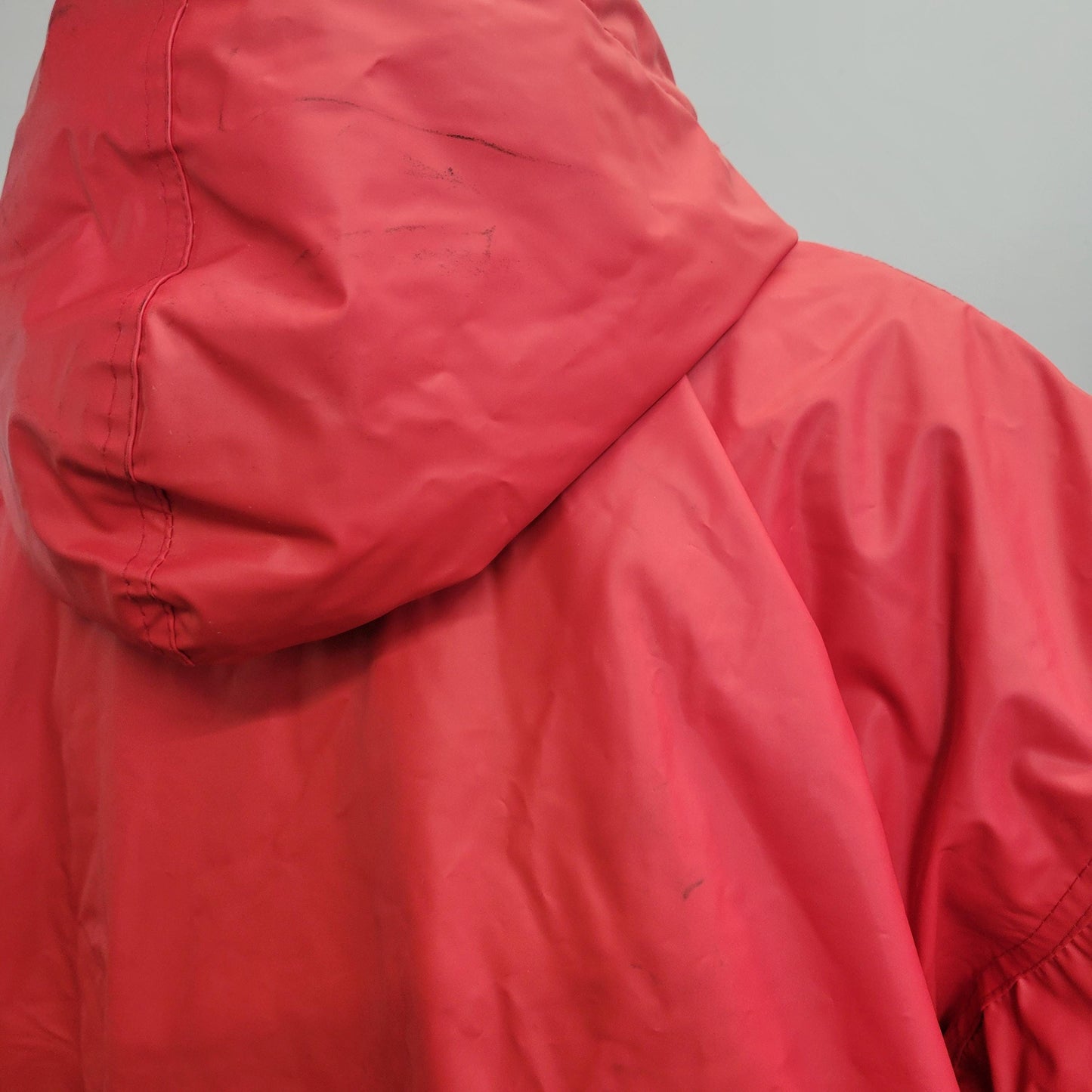 vtg 80s RED PVC JACKET // vintage jg hook raincoat x large womens plaid lined hoodie toggle button vinyl retro hooded rain jacket wet look