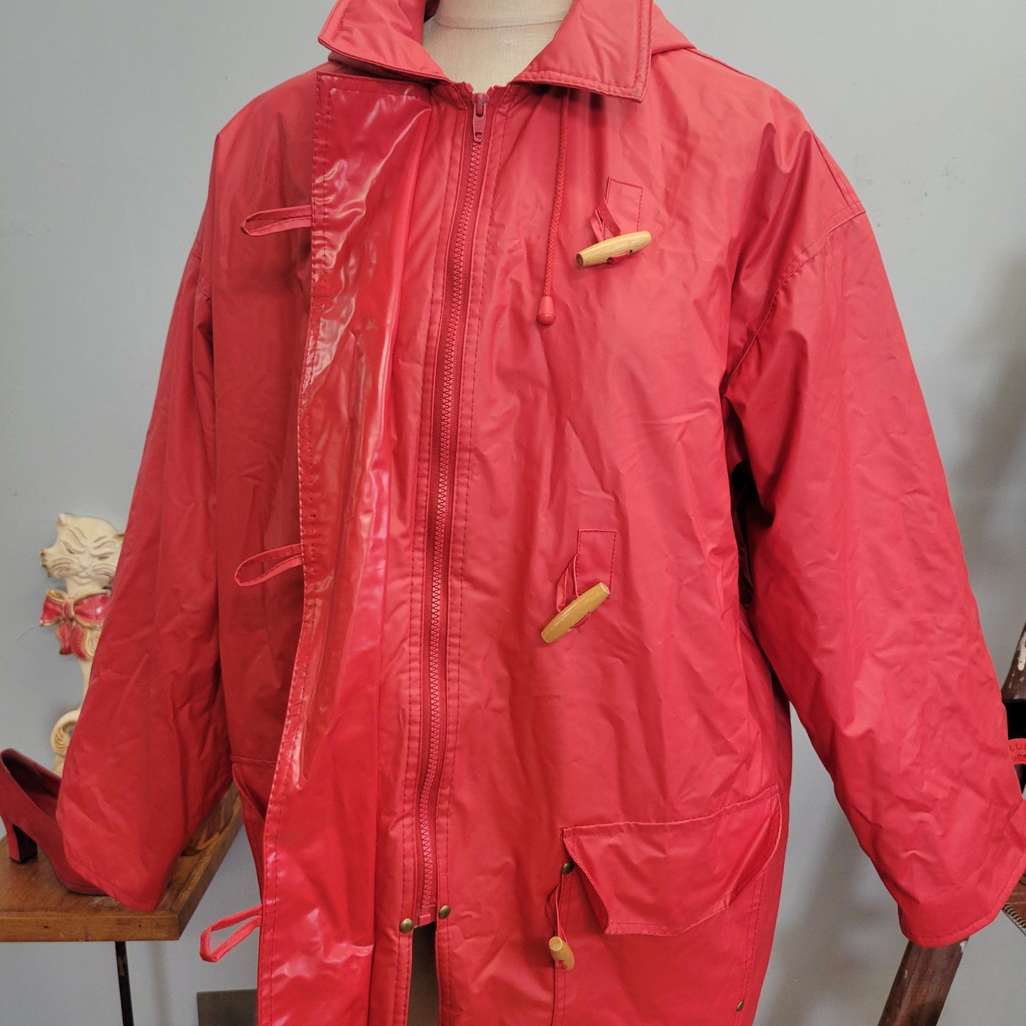 vtg 80s RED PVC JACKET // vintage jg hook raincoat x large womens plaid lined hoodie toggle button vinyl retro hooded rain jacket wet look