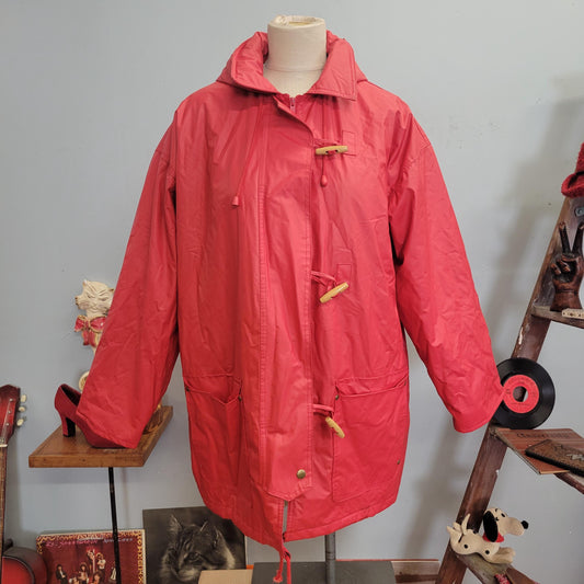 vtg 80s RED PVC JACKET // vintage jg hook raincoat x large womens plaid lined hoodie toggle button vinyl retro hooded rain jacket wet look