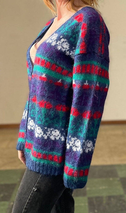 vtg 90s PATTERNED MOHAIR SWEATER // vintage paris sports club womens large fuzzy v neck buttons abstract print cardigan bright autumn style