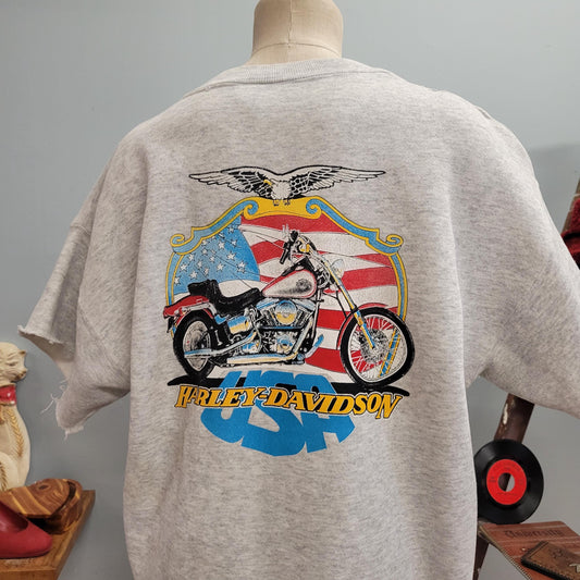 vtg 80s HARLEY DAVIDSON SWEATSHIRT // vintage crewneck daytona 1991 pannill XLarge cut off slouchy oversized cropped sweatshirt motorcycle