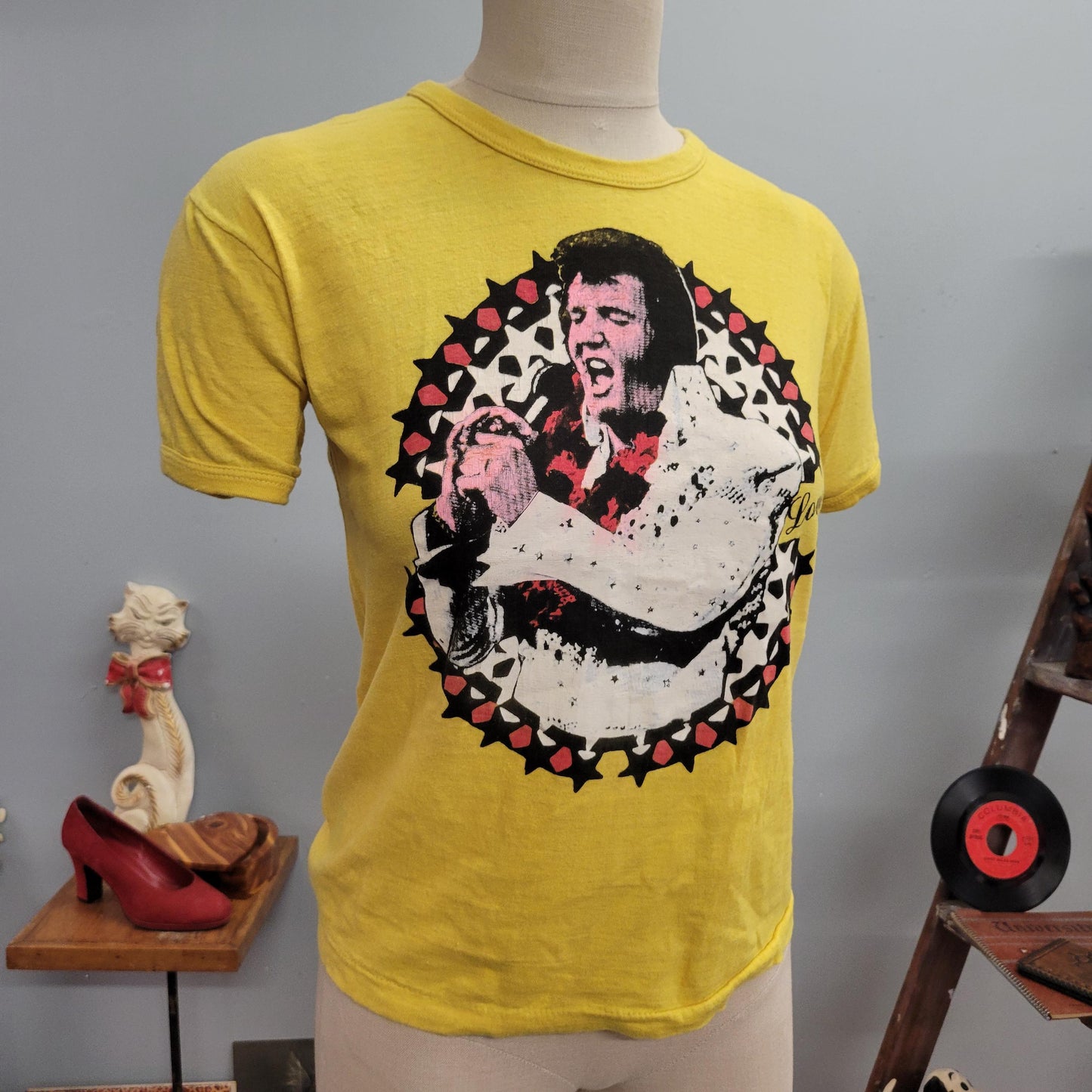 vtg 70s LOVE ELVIS T-SHIRT // vintage retro paper thin yellow tee 80s lounge singer elvis presley idol big print graphic tee retro fashion