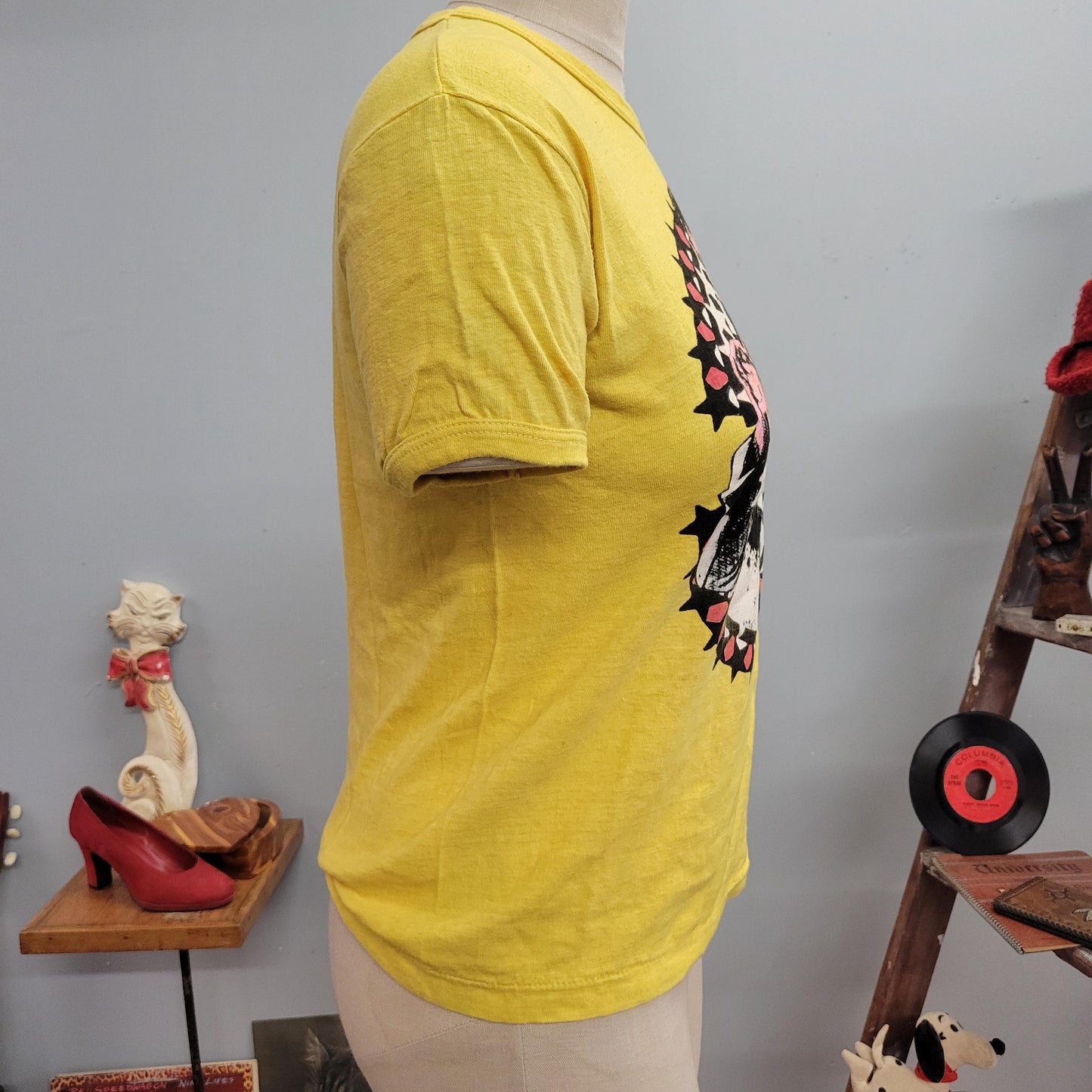 vtg 70s LOVE ELVIS T-SHIRT // vintage retro paper thin yellow tee 80s lounge singer elvis presley idol big print graphic tee retro fashion