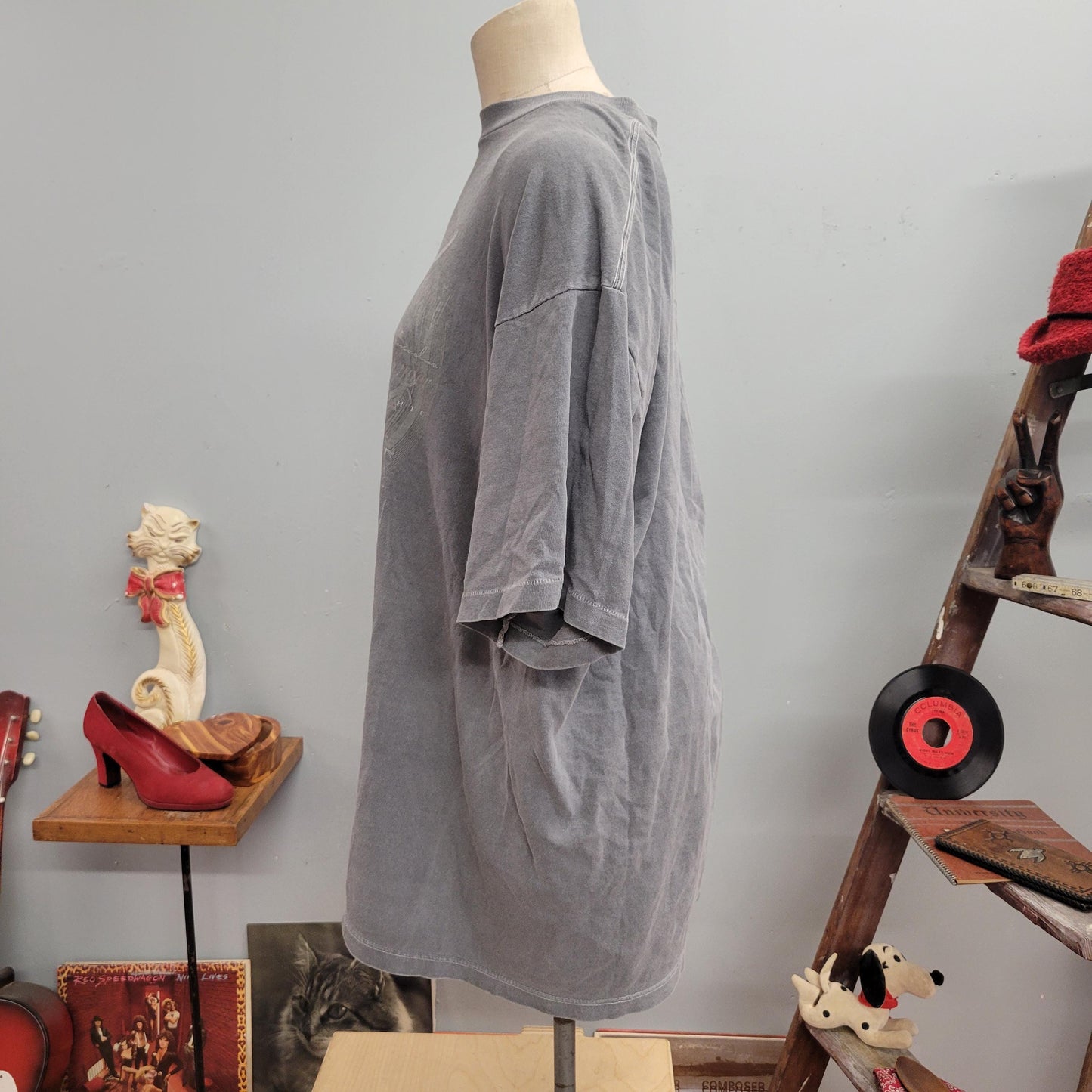 vtg 90s GOTHIC GAURDIANS SHIRT // vintage gargoyles oversized xl soft goods united design usa xl grey all over print graveyard soft thin top