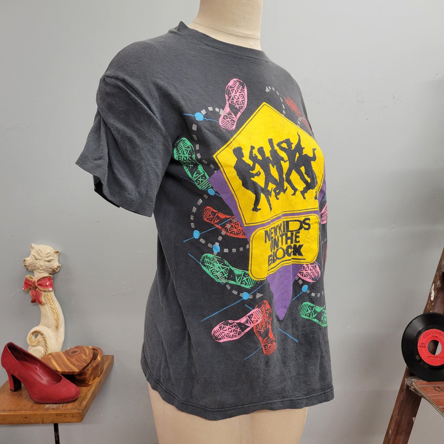 vtg 80s NEW KIDS on the BLOCK band tee // vintage pop music black shirt large single stitch hanes all cotton all over print paper thin retro