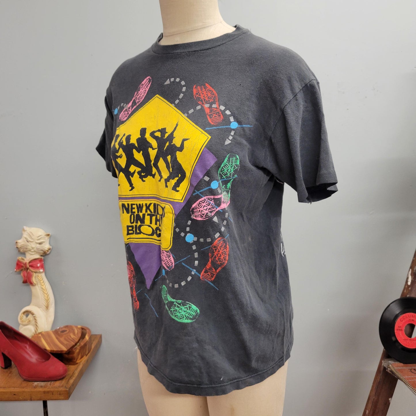vtg 80s NEW KIDS on the BLOCK band tee // vintage pop music black shirt large single stitch hanes all cotton all over print paper thin retro