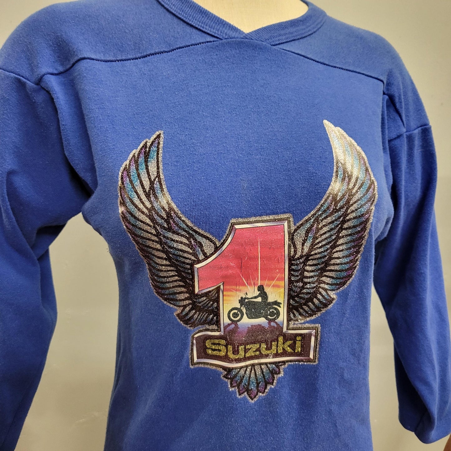 vtg 70s SUZUKI BIKER SWEATSHIRT // vintage Russell small personalized Chris glitter iron on retro racing shirt cute fitted crop sweatshirt