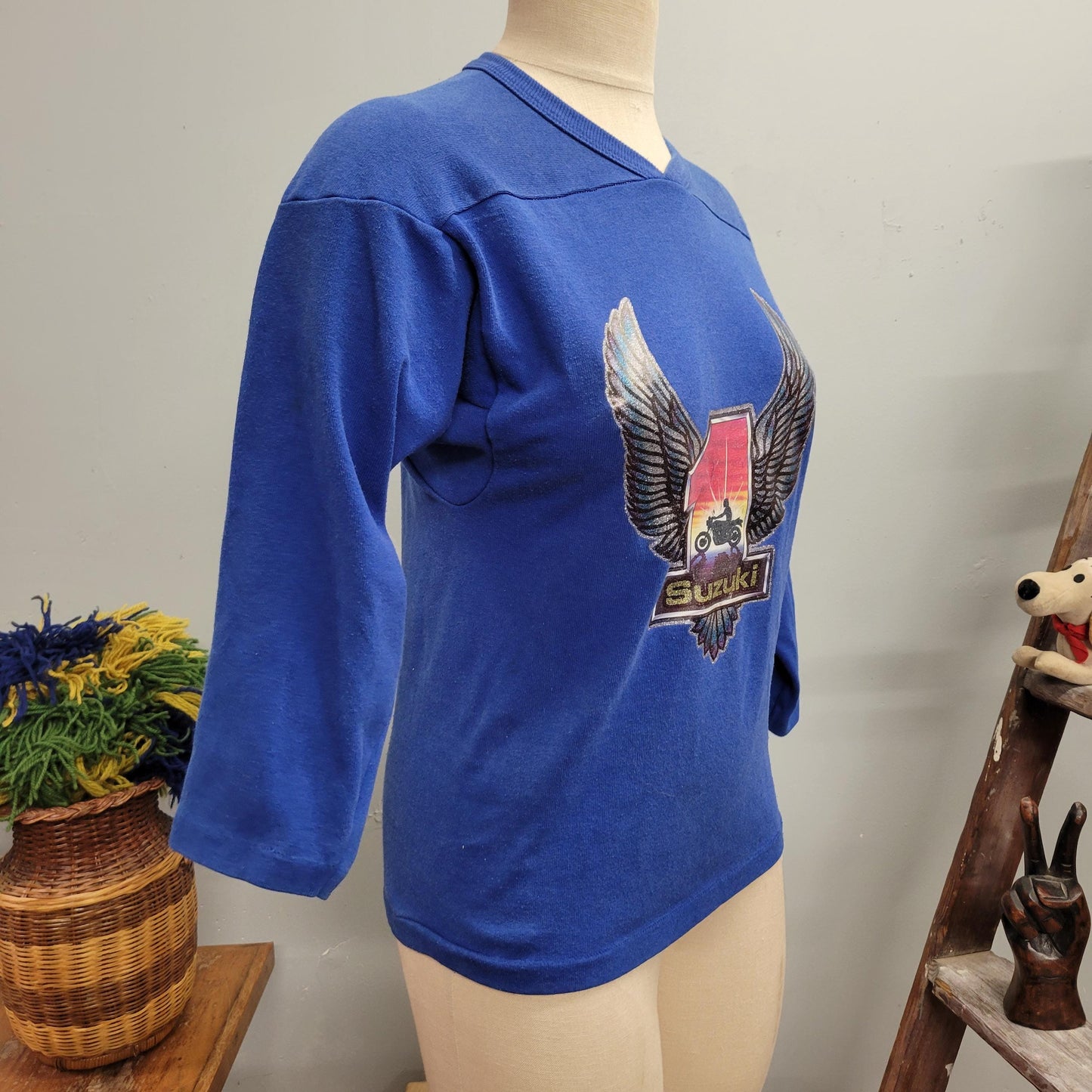 vtg 70s SUZUKI BIKER SWEATSHIRT // vintage Russell small personalized Chris glitter iron on retro racing shirt cute fitted crop sweatshirt