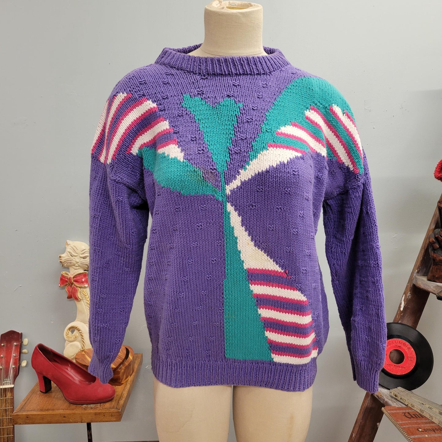 vtg 80s PATTERNED KNIT SWEATER // vintage funky cute medium womens pastel lavender abstract print chunky cozy autumn slouchy casual ribbed