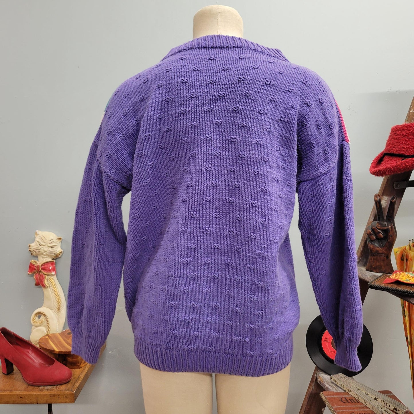 vtg 80s PATTERNED KNIT SWEATER // vintage funky cute medium womens pastel lavender abstract print chunky cozy autumn slouchy casual ribbed