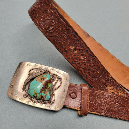 vtg 70s TURQUOISE BELT BUCKLE // vintage size 36 justin hand tooled leather belt and etched silver rectangle belt buckle distressed western