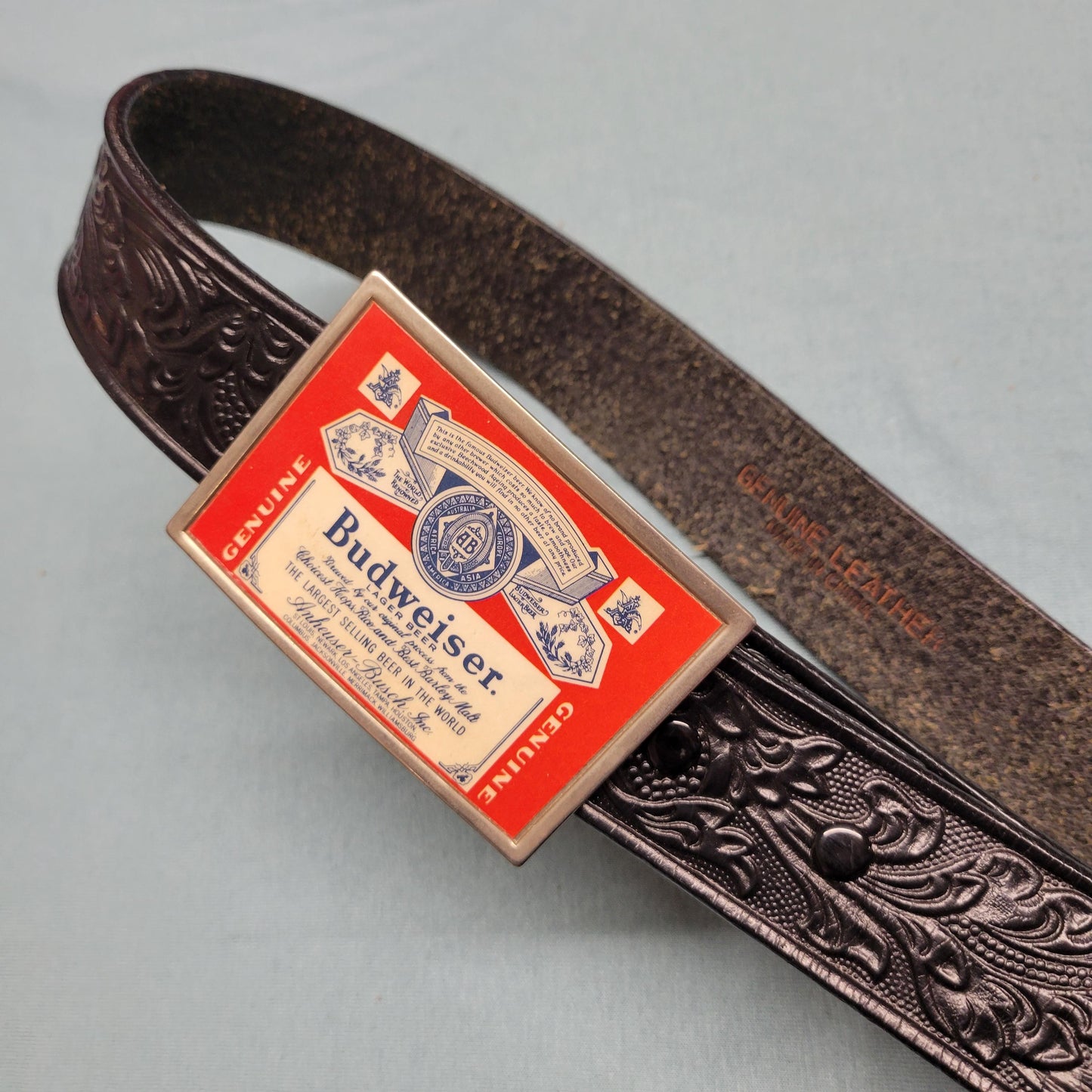 edit vtg 70s BUDWEISER LEATHER BELT / vintage genuine leather size 32 rectangle buckle and hand tooled leather belt rare hippie biker rugged