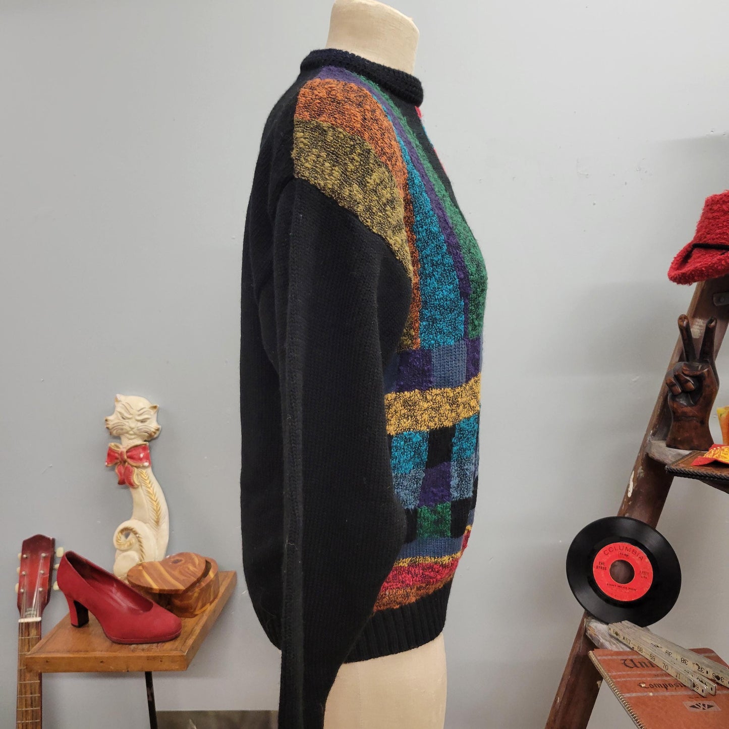 vtg 80s FUNKY KNIT SWEATER // vintage urban bandit large ribbed patchwork geometric pattern mock neck textured autumn style retro fashion