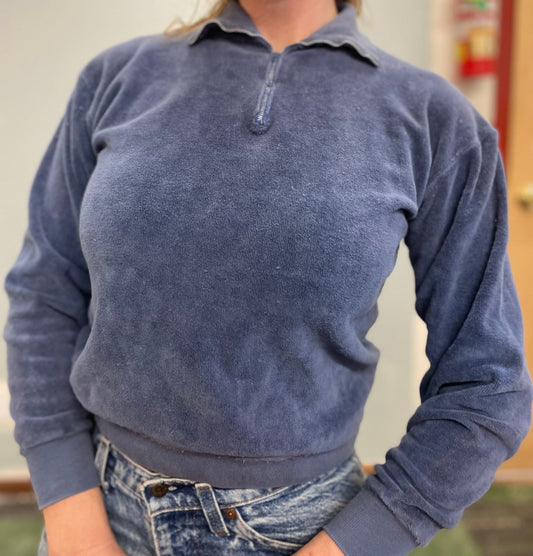 vtg 70s BLUE VELOUR SHIRT // vintage quarter zip distressed youth large soft fitted cropped sweatshirt long sleeve petite womens autumn top