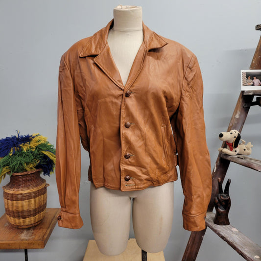 vtg 70s CROPPED LEATHER JACKET // vintage danz western wear medium womens unique structured cinched waist pointy collar retro autumn style