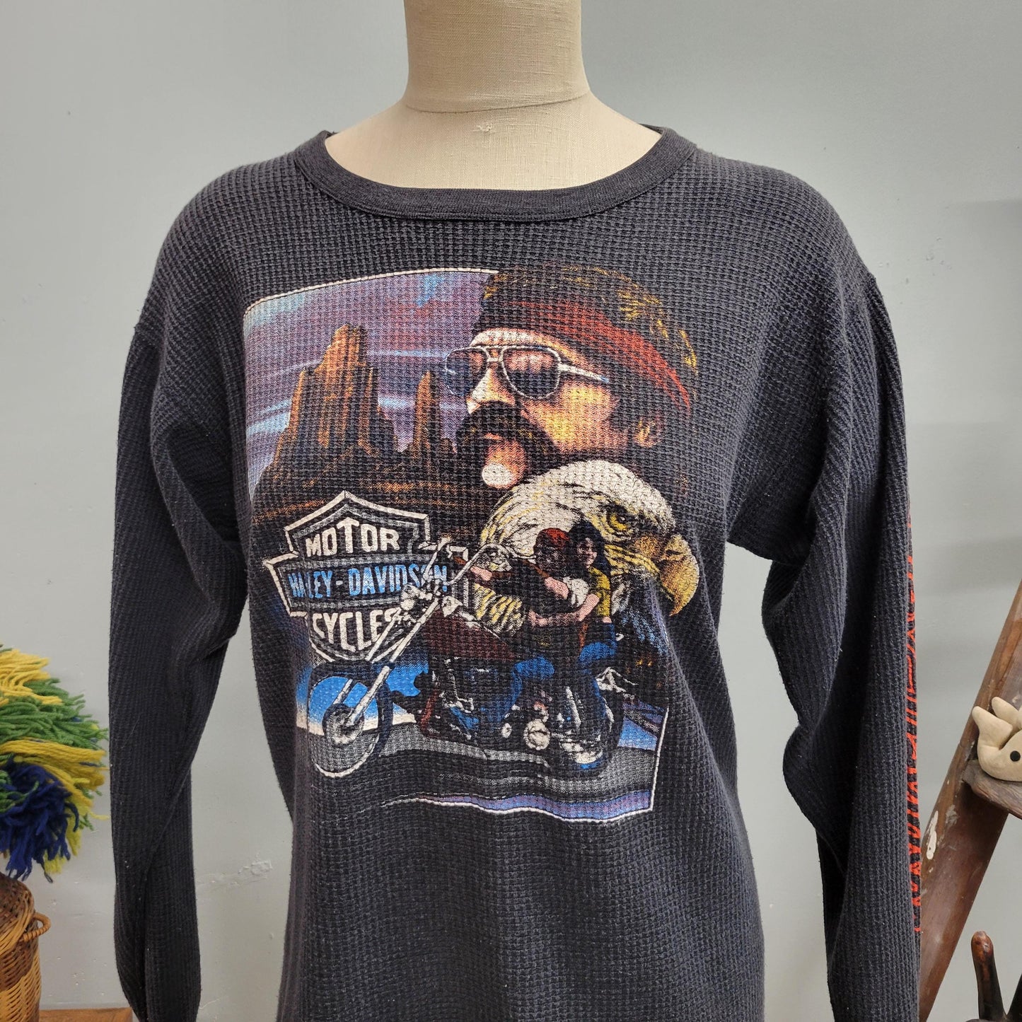 vtg 80s HARLEY DAVIDSON THERMAL top // vintage mens fashion thermal xl waffle weave 3d emblem biker soft winter eagle motorcycle graphic