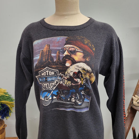 vtg 80s HARLEY DAVIDSON THERMAL top // vintage mens fashion thermal xl waffle weave 3d emblem biker soft winter eagle motorcycle graphic