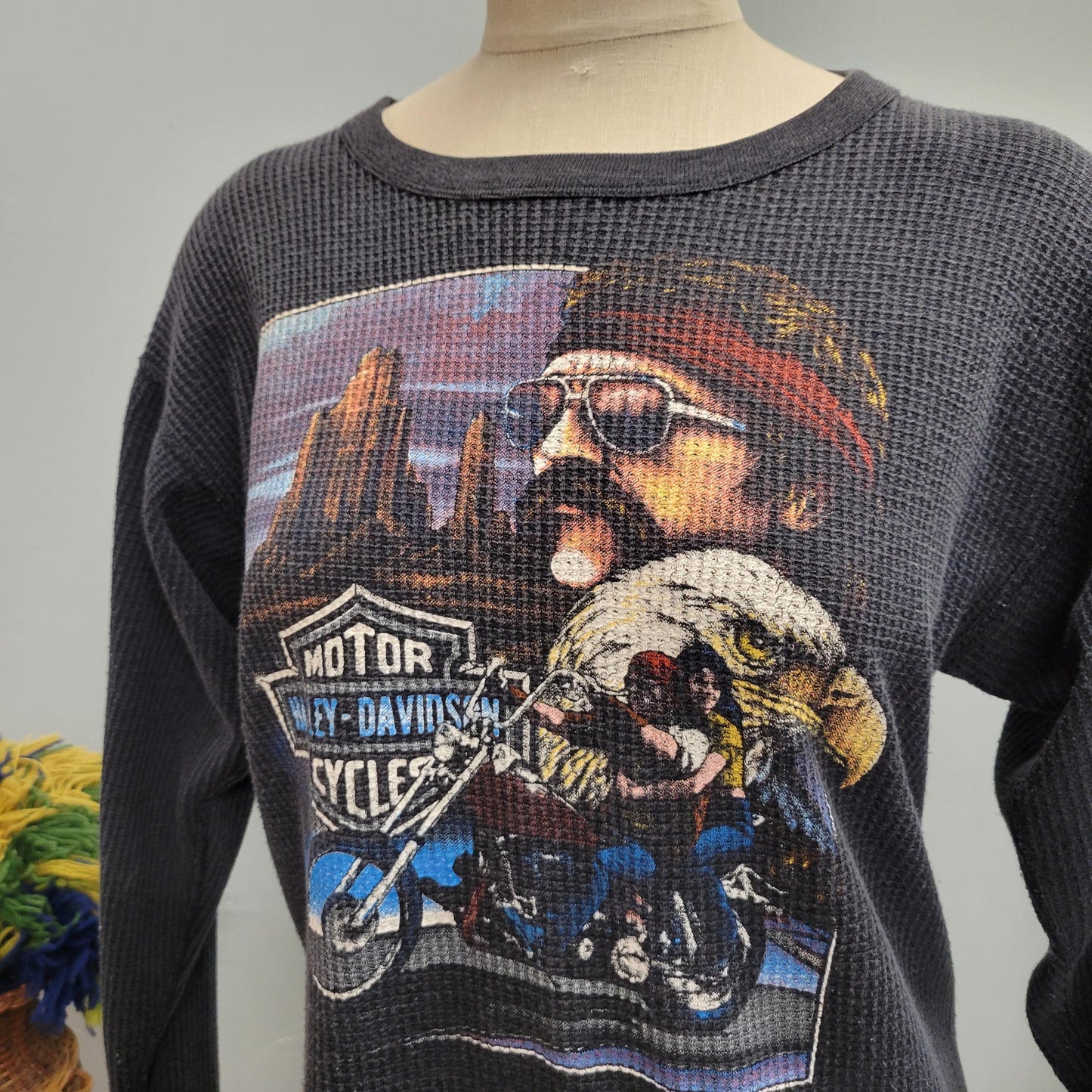 vtg 80s HARLEY DAVIDSON THERMAL top // vintage mens fashion thermal xl waffle weave 3d emblem biker soft winter eagle motorcycle graphic