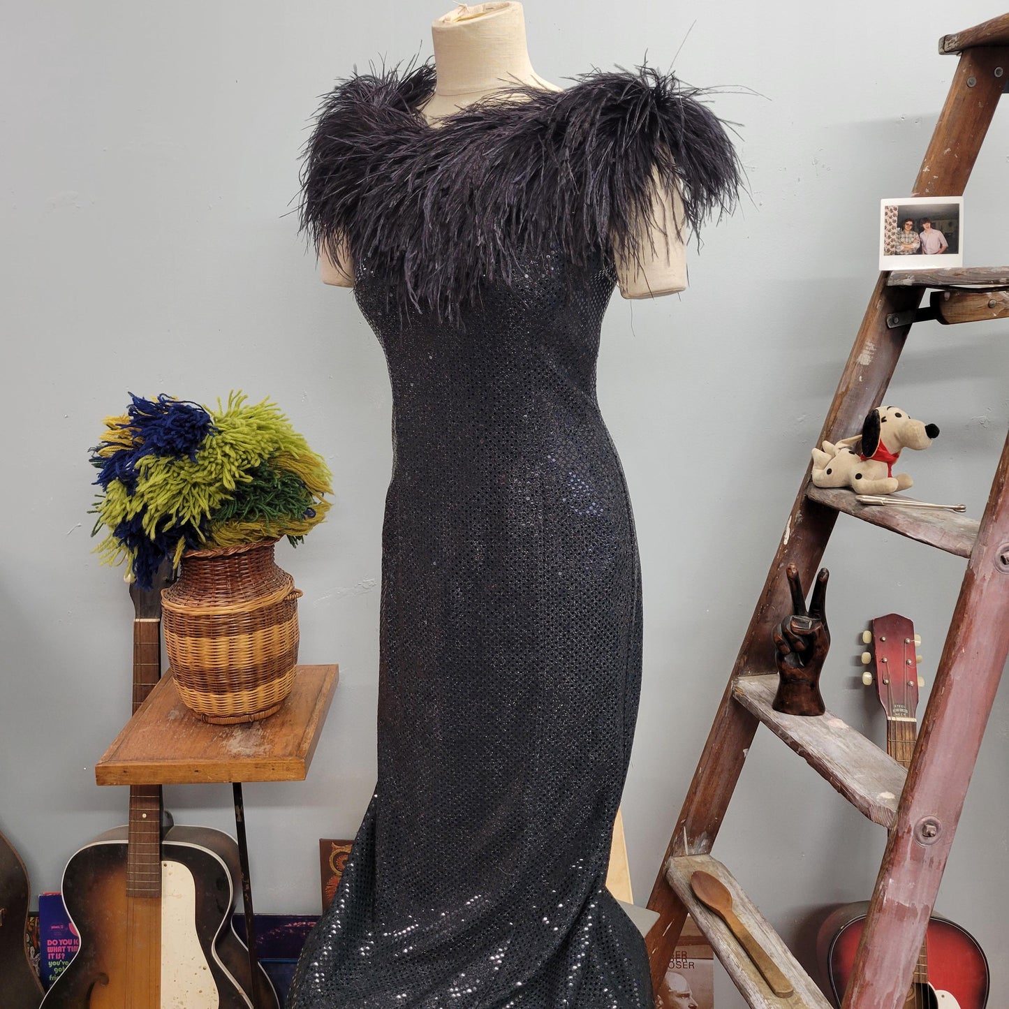 vtg 80s SEQUINED FEATHER DRESS / vintage jump size 9/10 holiday new years gown inky black full length sexy party couture style evening dress