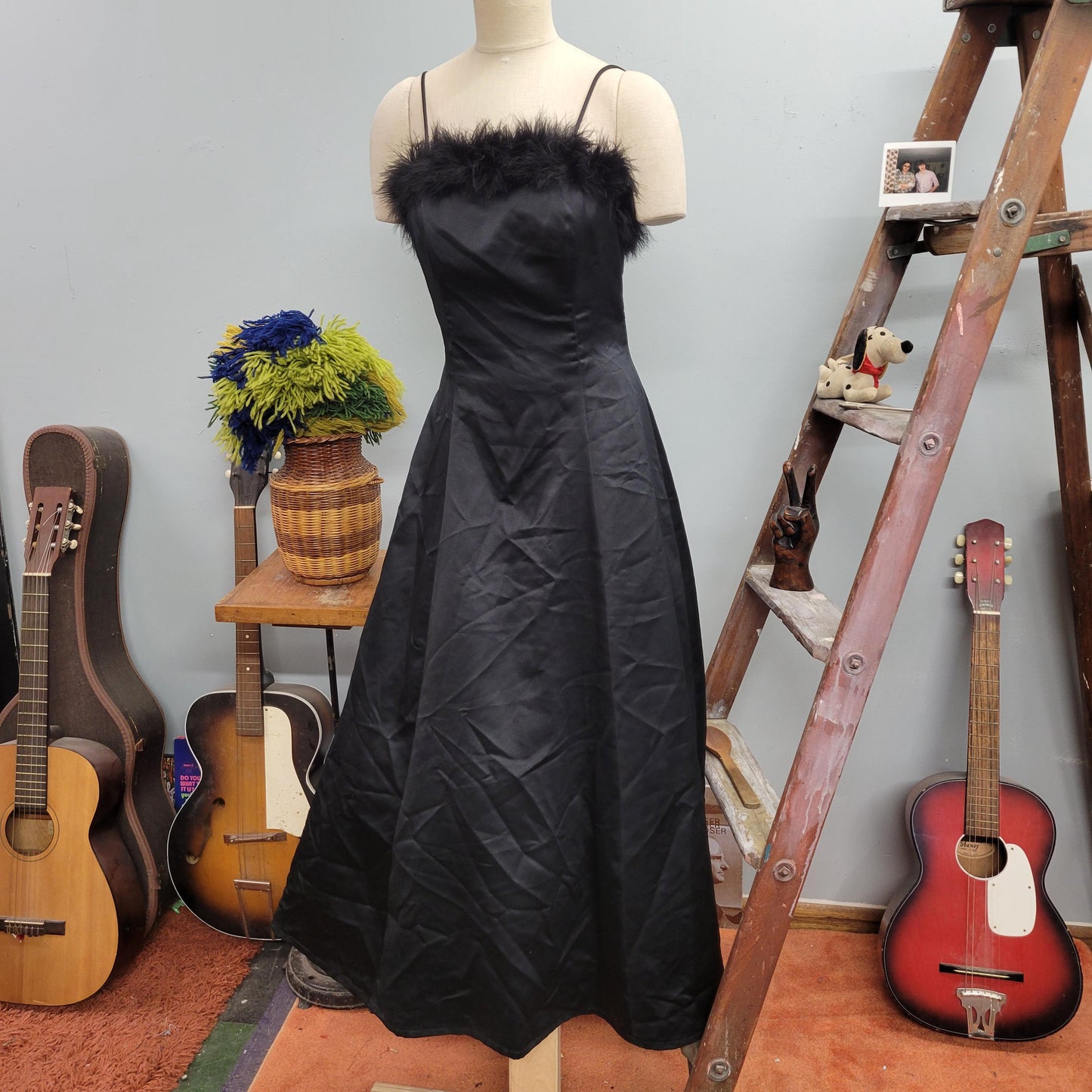 vtg 90s FEATHER TRIM BLACK Gown // vintage steppin out dress size 11/12 gothic inly black boa lined full length new years cocktail party hot