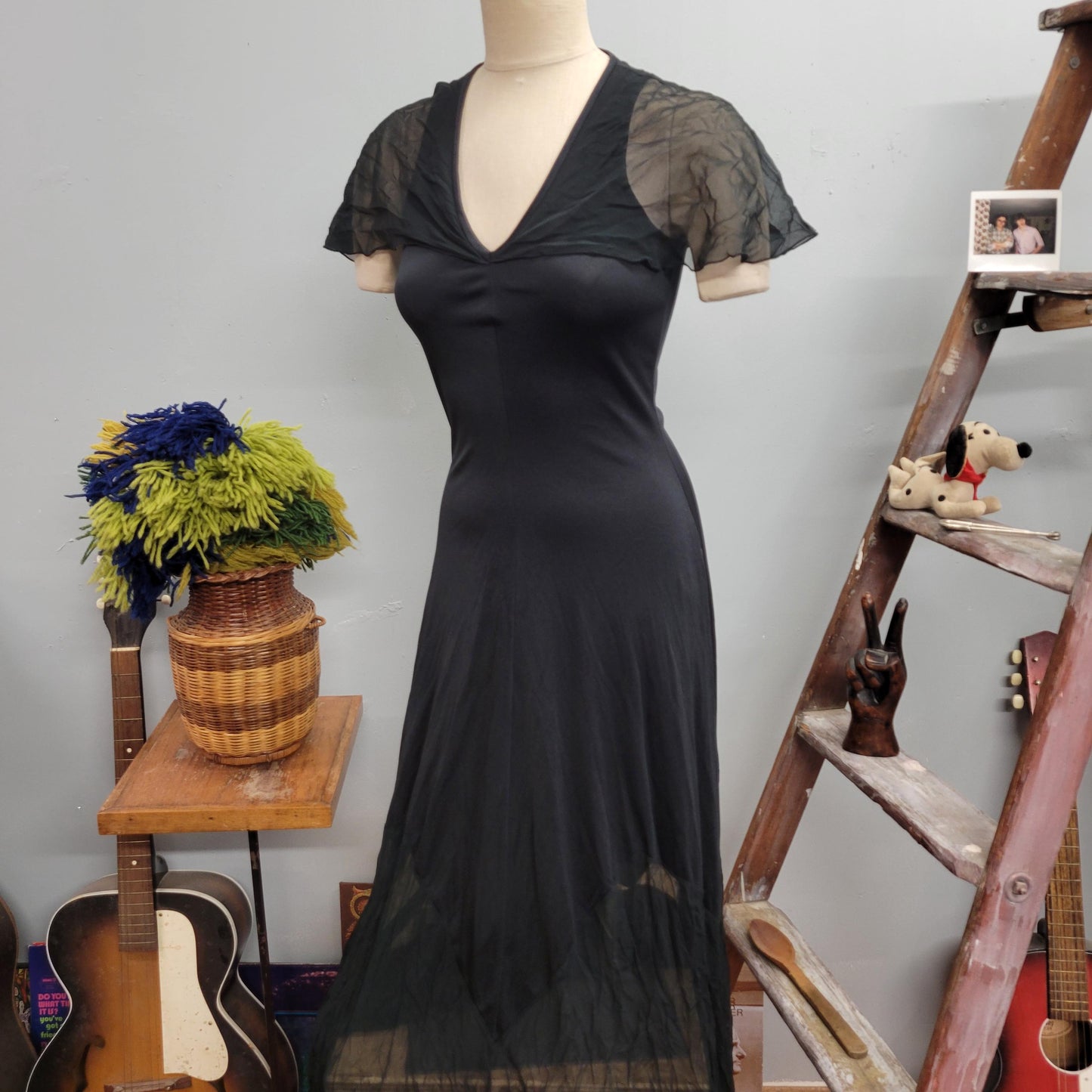 vtg 80s FLUTTER SLEEVE DRESS // vintage ruffinwear clovis ruffin sheer sexy black cape sleeve flowy slip lingerie dressing gown night gown