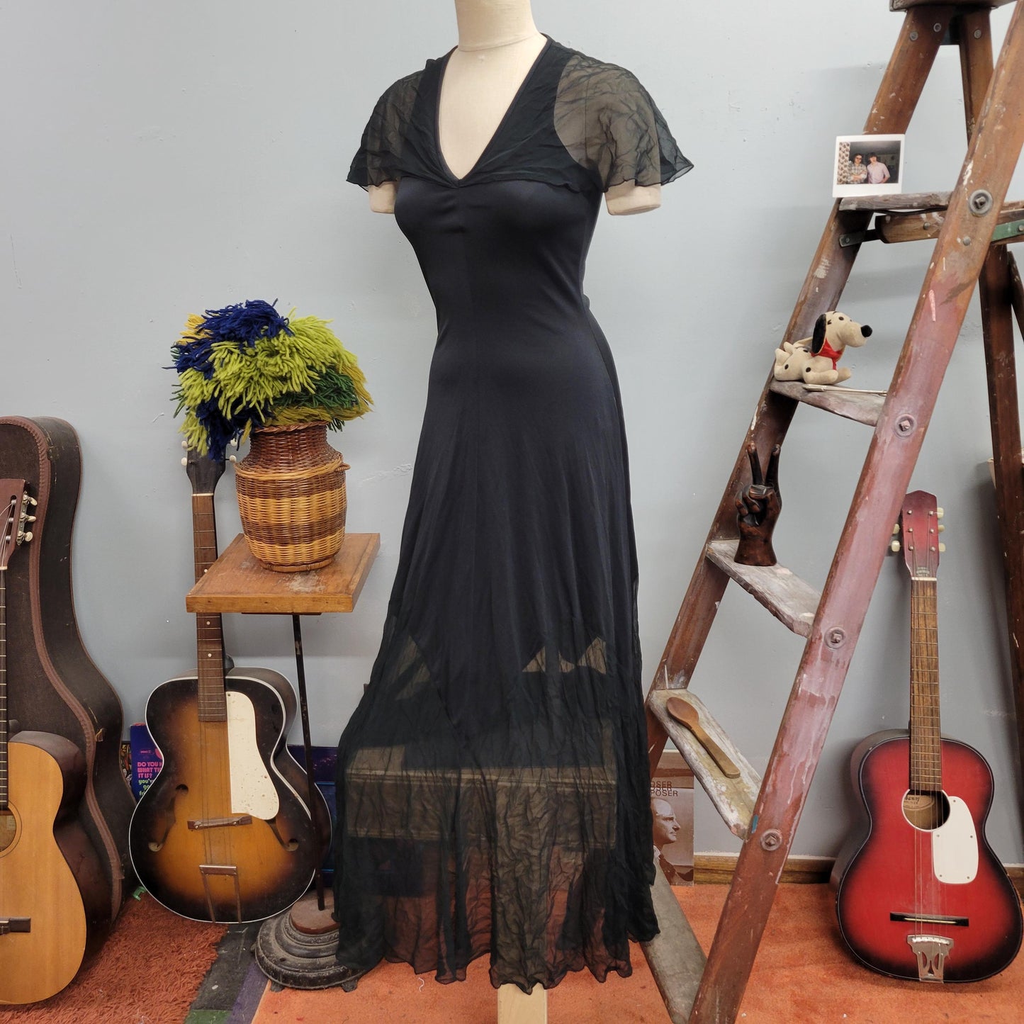 vtg 80s FLUTTER SLEEVE DRESS // vintage ruffinwear clovis ruffin sheer sexy black cape sleeve flowy slip lingerie dressing gown night gown