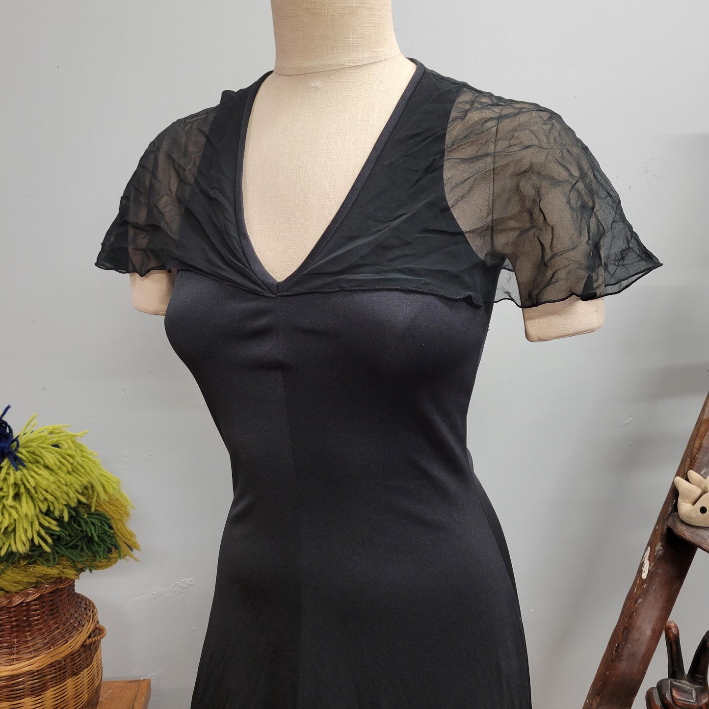 vtg 80s FLUTTER SLEEVE DRESS // vintage ruffinwear clovis ruffin sheer sexy black cape sleeve flowy slip lingerie dressing gown night gown