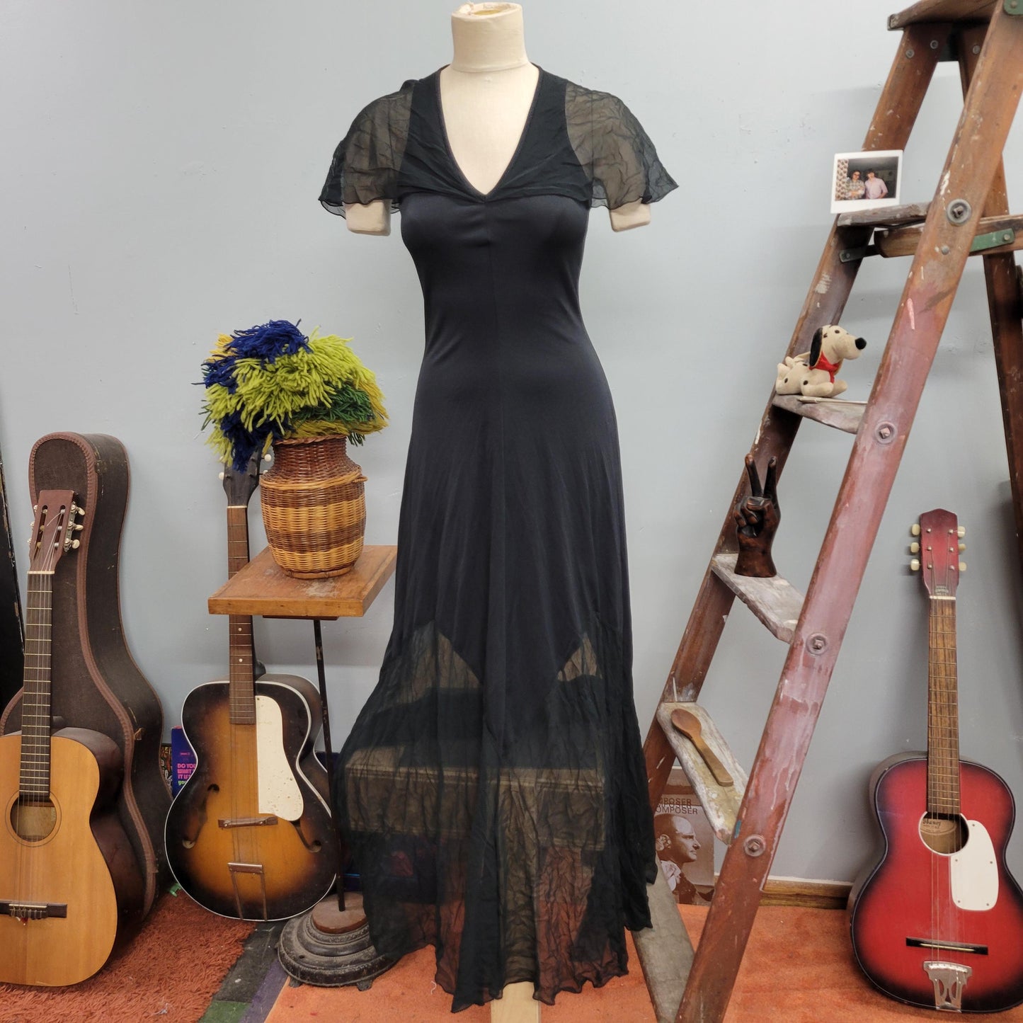 vtg 80s FLUTTER SLEEVE DRESS // vintage ruffinwear clovis ruffin sheer sexy black cape sleeve flowy slip lingerie dressing gown night gown