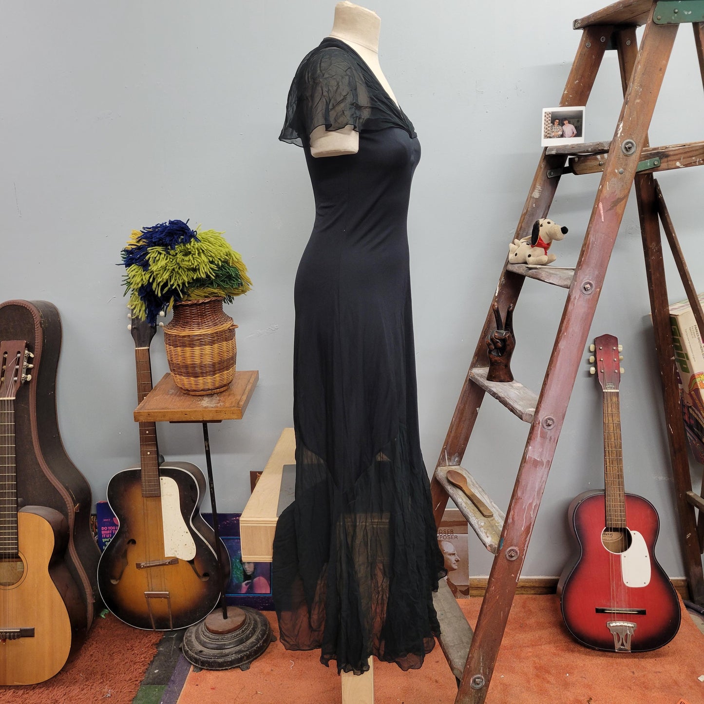 vtg 80s FLUTTER SLEEVE DRESS // vintage ruffinwear clovis ruffin sheer sexy black cape sleeve flowy slip lingerie dressing gown night gown