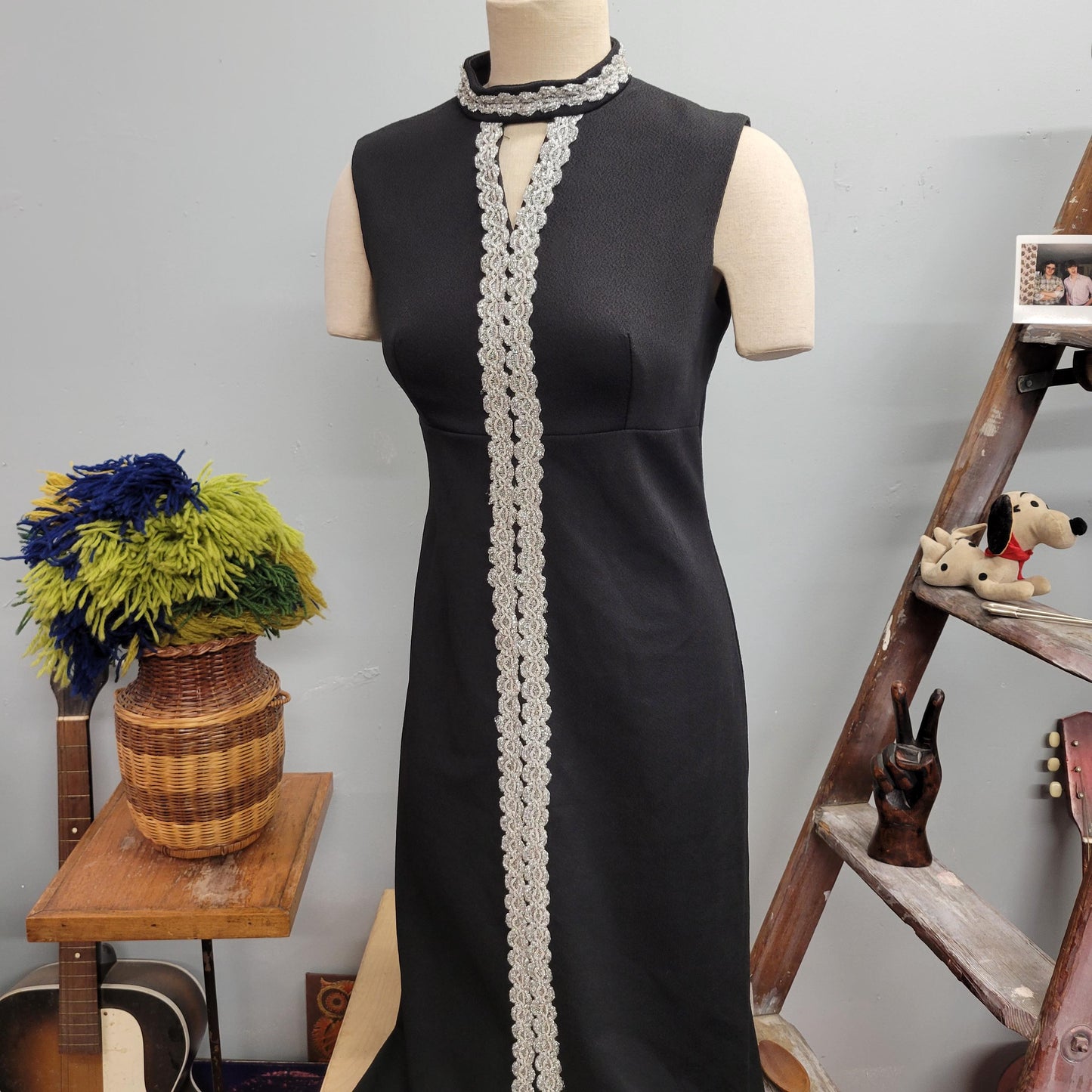 vtg 70s TINSEL TRIM DRESS // vintage new years holiday gown keyhole mock neck long black cocktail party hostess evening gown silver lurex