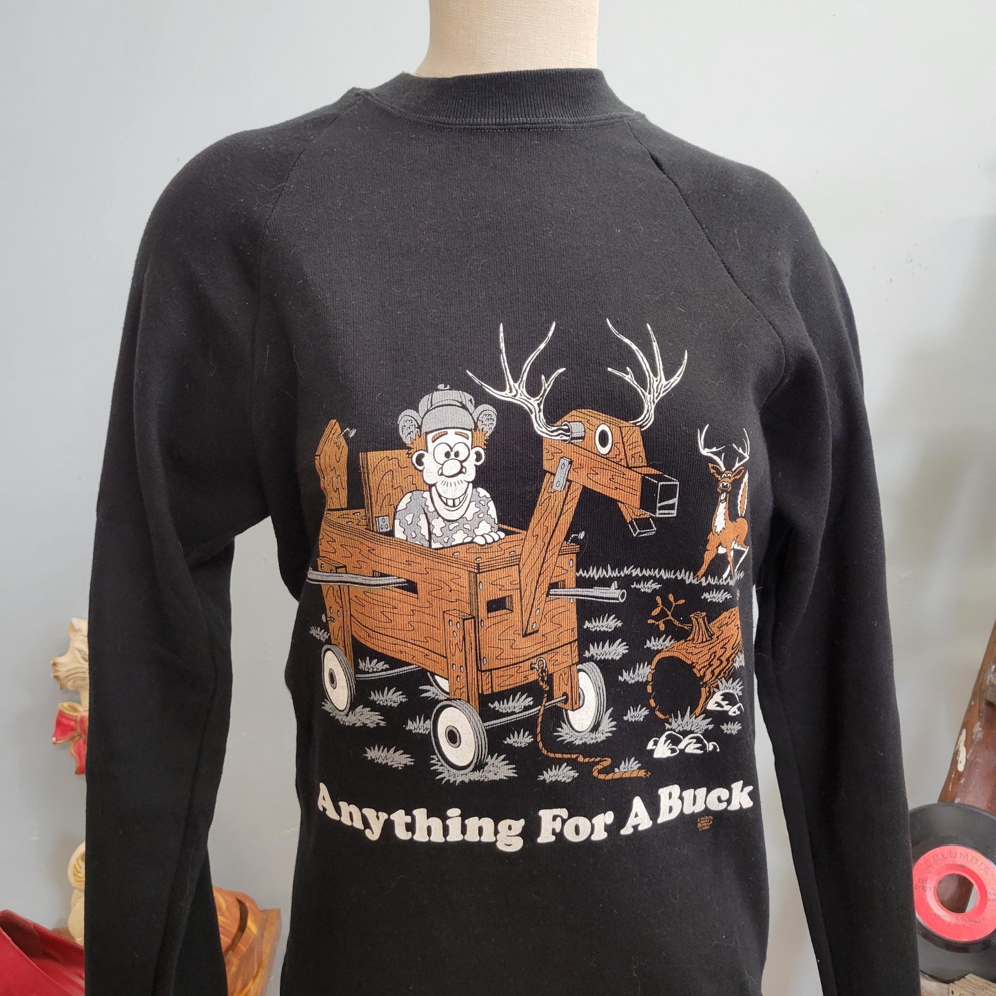 vtg 80s ANYTHING For a BUCK SWEATSHIRT // vintage jerzees medium crewneck black hunter shirt funny deer hunter gift far side cute ironic tee