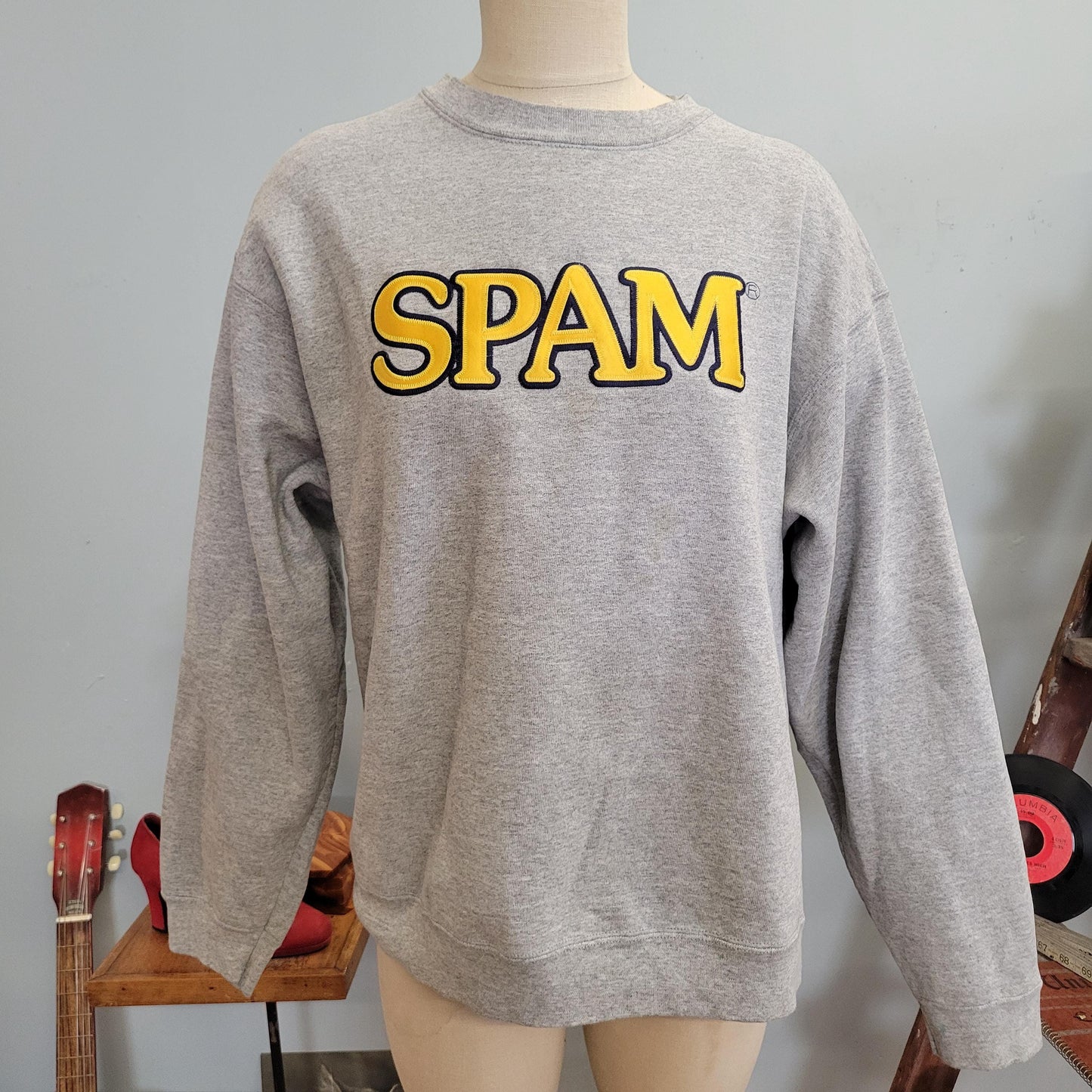 vtg 90s SPAM CREWNECK SWEATSHIRT // vintage fruit of the loom large oversized yellow embroidered applique canned meat gray baggy casual top