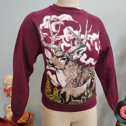 vtg 80s DEER CREWNECK SWEATSHIRT // vintage tultex youth large 14/16 womens petite burgundy all over print buck deer hunter kids fall style