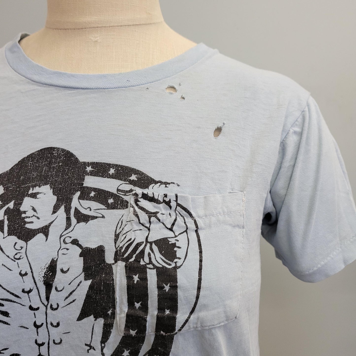 vtg 70s DISTRESSED ELVIS TSHIRT // vintage paper thin blue pocket tee medium holes faded soft worn retro rock n roll memphis graceland
