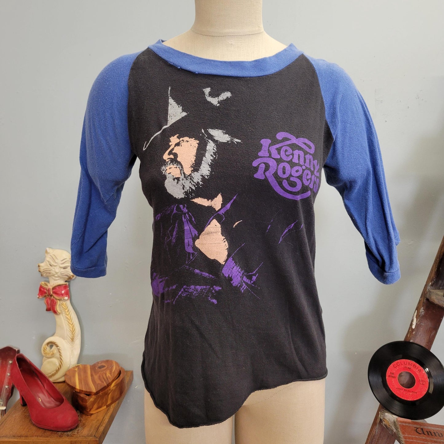 vtg 80s KENNY ROGERS RAGLAN / vintage two tone band tee country western singer purple indigo blue sleeves medium retro rock n roll big print