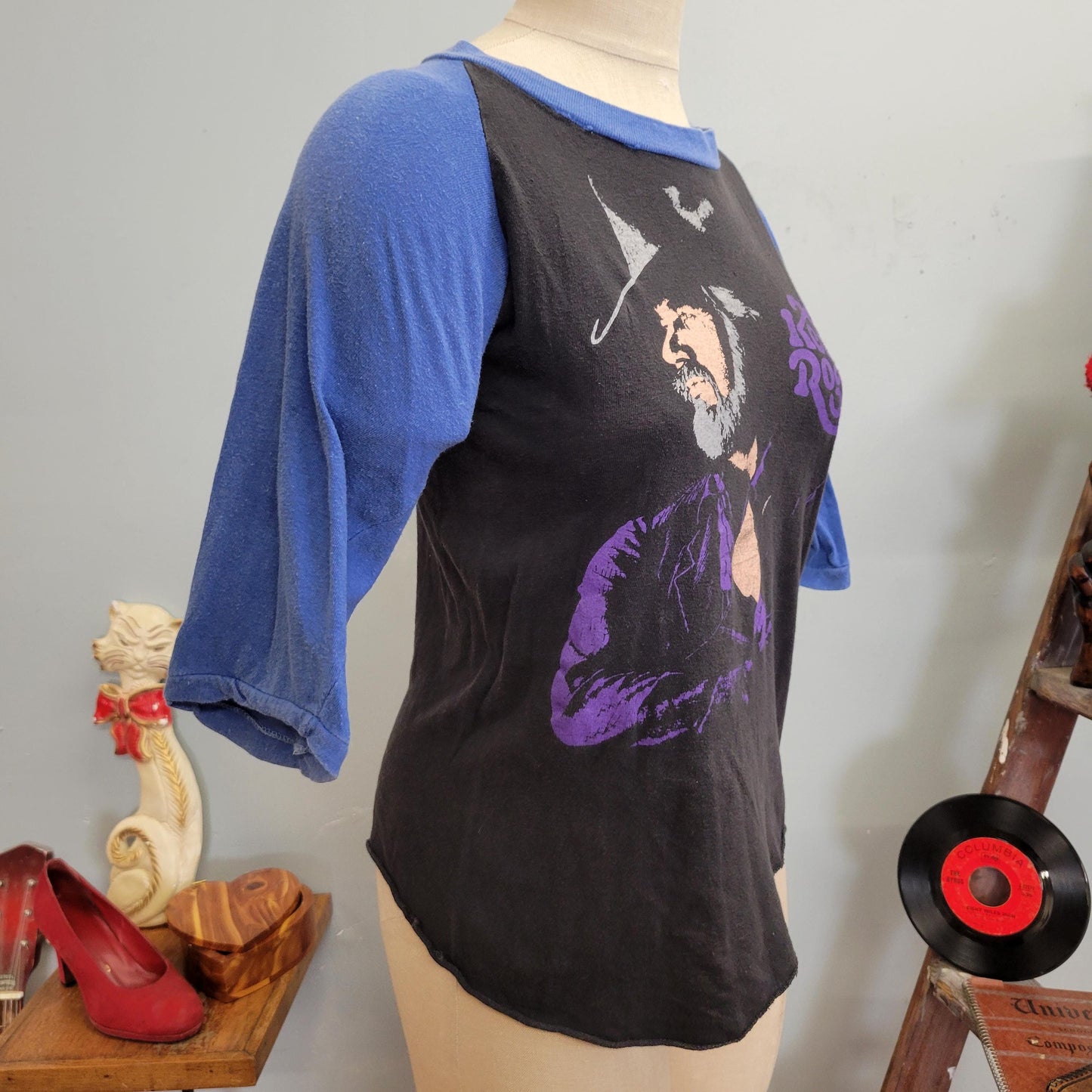 vtg 80s KENNY ROGERS RAGLAN / vintage two tone band tee country western singer purple indigo blue sleeves medium retro rock n roll big print