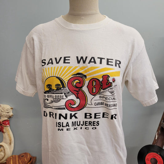 vtg 90s SAVE WATER Drink BEER Shirt  // vintage mexico yazbek medium sol beer cerveza mexican lager beer lover spring break oversized retro
