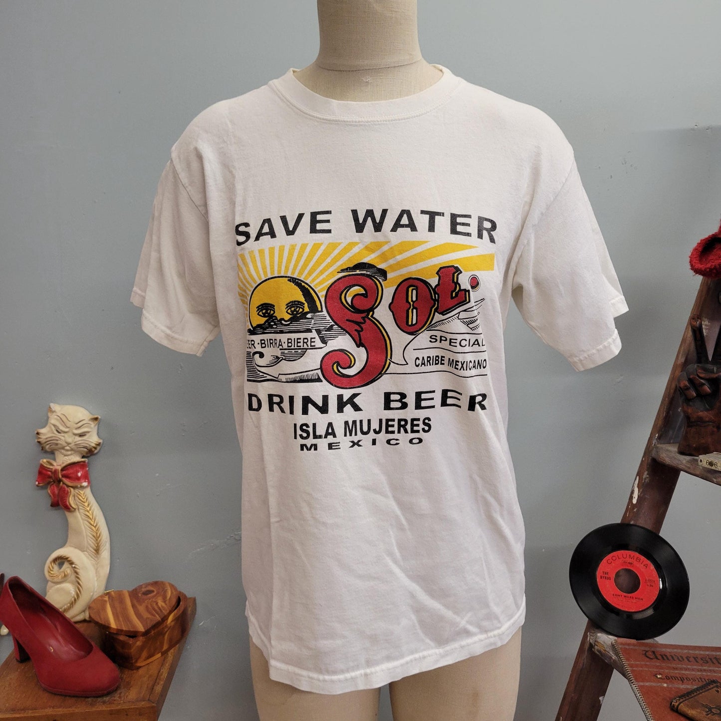 vtg 90s SAVE WATER Drink BEER Shirt  // vintage mexico yazbek medium sol beer cerveza mexican lager beer lover spring break oversized retro