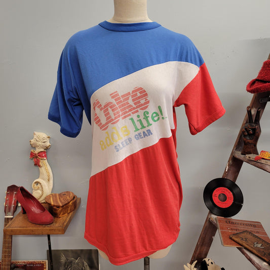 vtg 70s COCA COLA Adds LIFE! shirt / vintage oversized t shirt soft paper thin coke sleep gear osfa retro color block striped cute slouchy