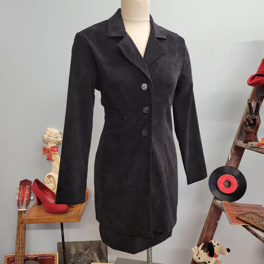 Vtg 90s BLACK faux SUEDE SET / vintage dress & long blazer size 6 medium matrix sexy casual boss lady sophisticated sleek minimalist style