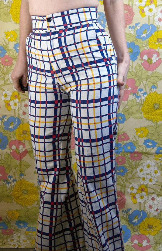 vtg 70s 2 PIECE PANTS SUIT // vintage small womens blue & yellow plaid pantsuit bell bottoms high waisted flare pants fitted blazer autumn