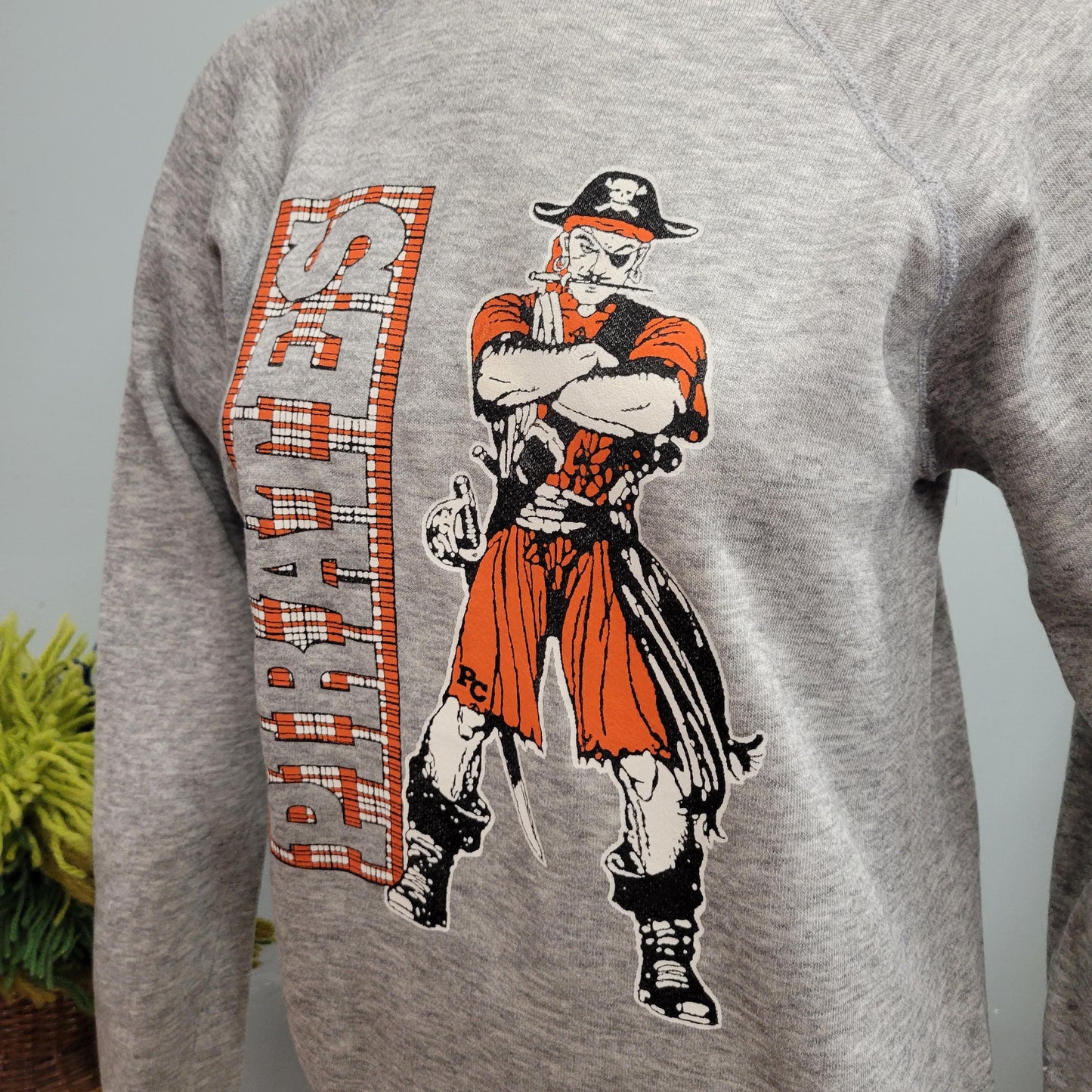 vtg 70s PIRATE SWEATSHIRT  // vintage pannill medium mens buccaneer sports gray crewneck fain personalized custom sporty autumn football